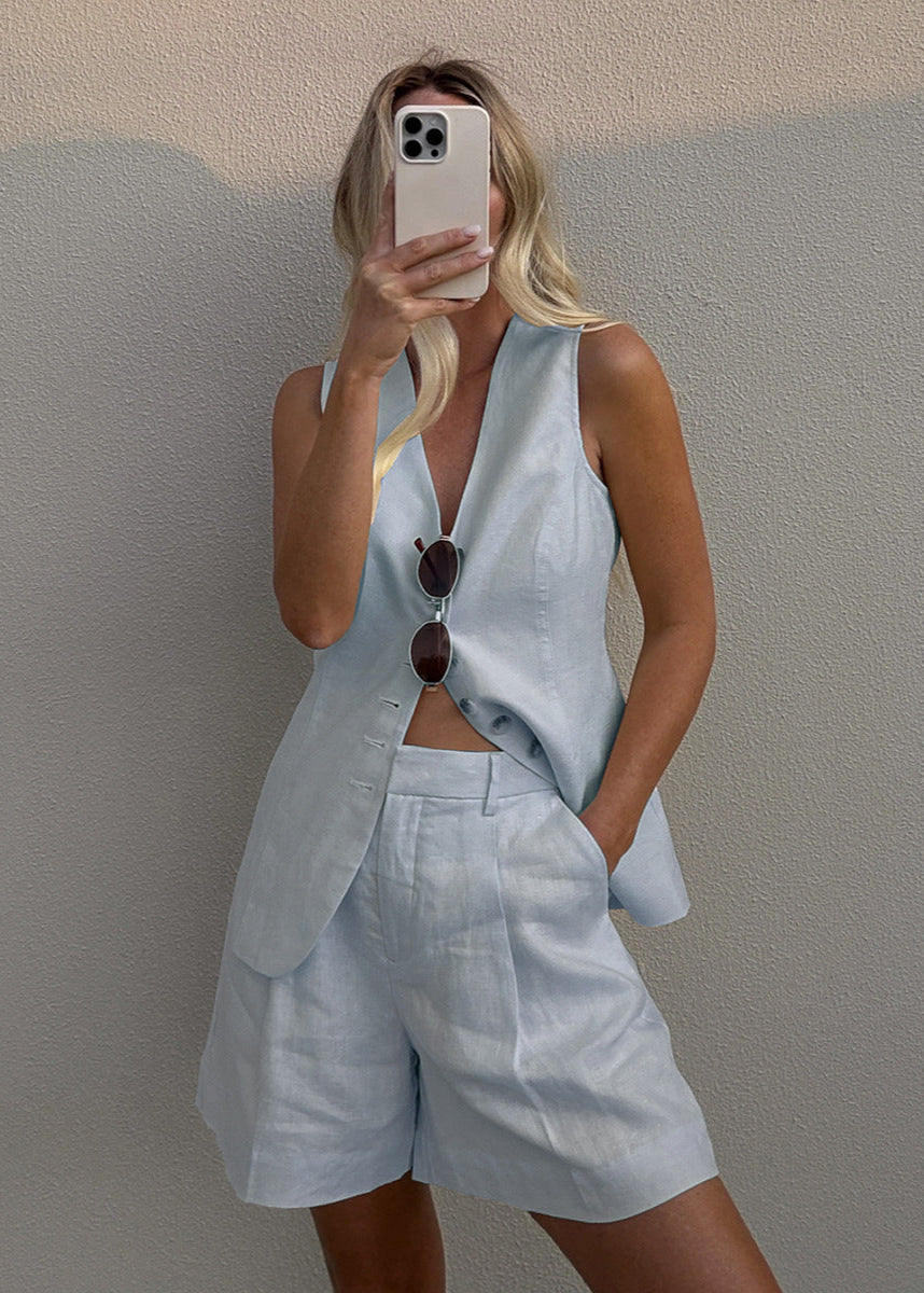 Tailored Linen Blend Vest And Shorts Set