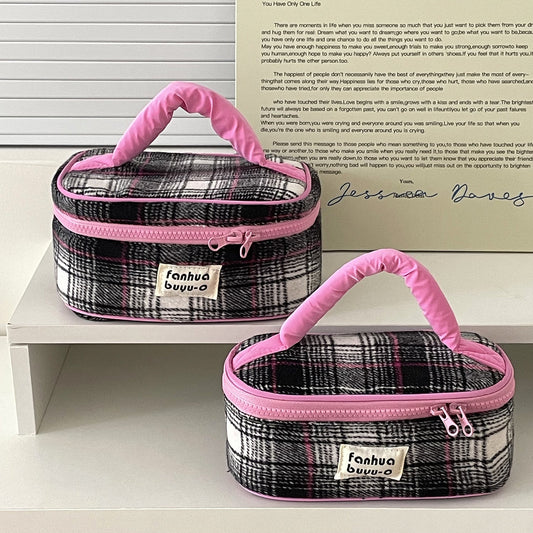 Color Block Woolen Makeup Bag Large Capacity Travel Portable Storage Pouch