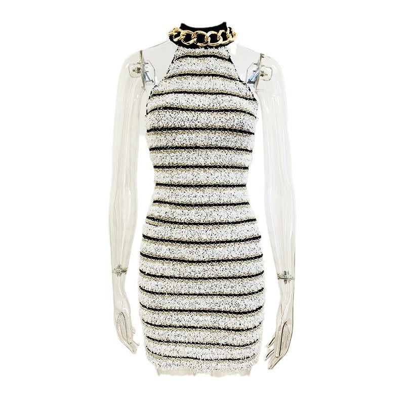 Chic Metal Chain Bodycon Knit Dress