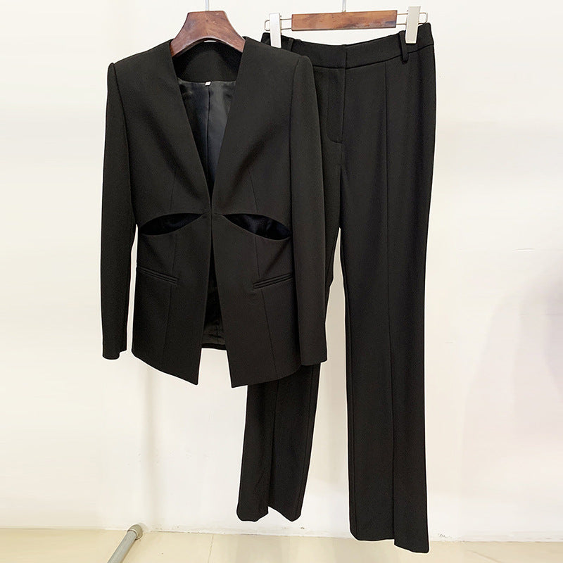 Chic Hollow Design Blazer Set with Tailored Pants