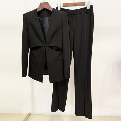Chic Hollow Design Blazer Set with Tailored Pants