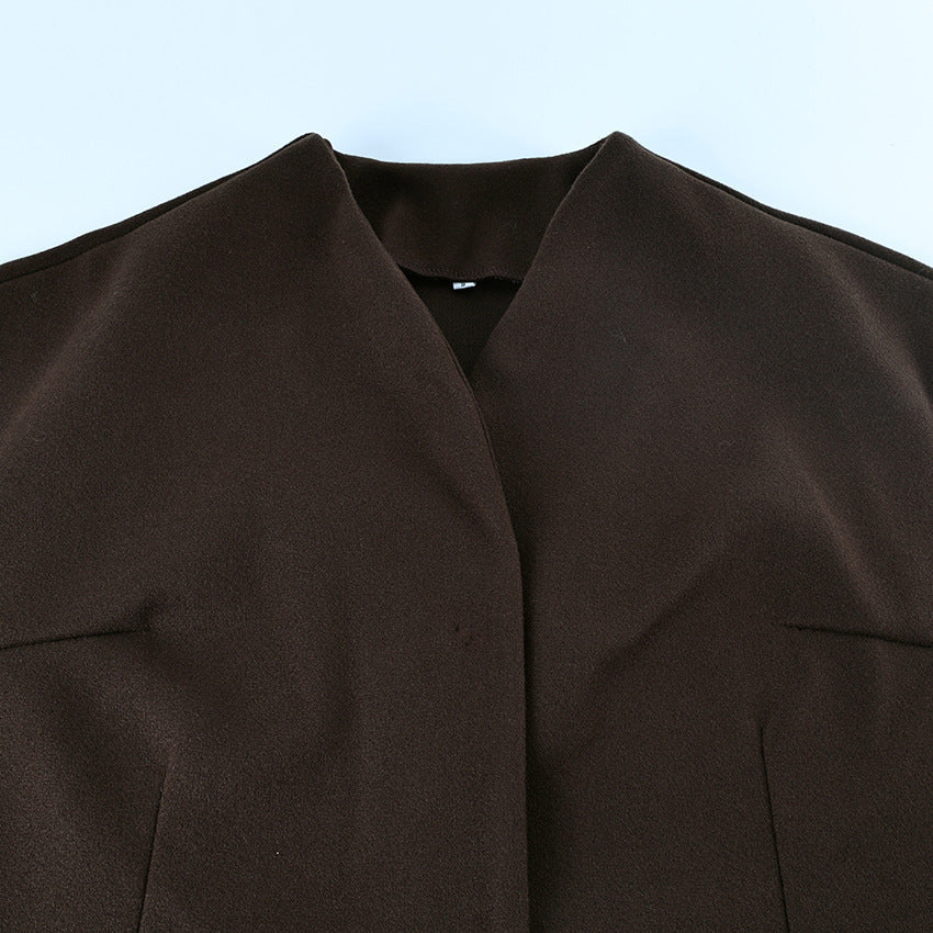 Brown V-Neck Shell Waist Tie Loose Jacket
