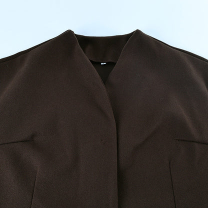 Brown V-Neck Shell Waist Tie Loose Jacket