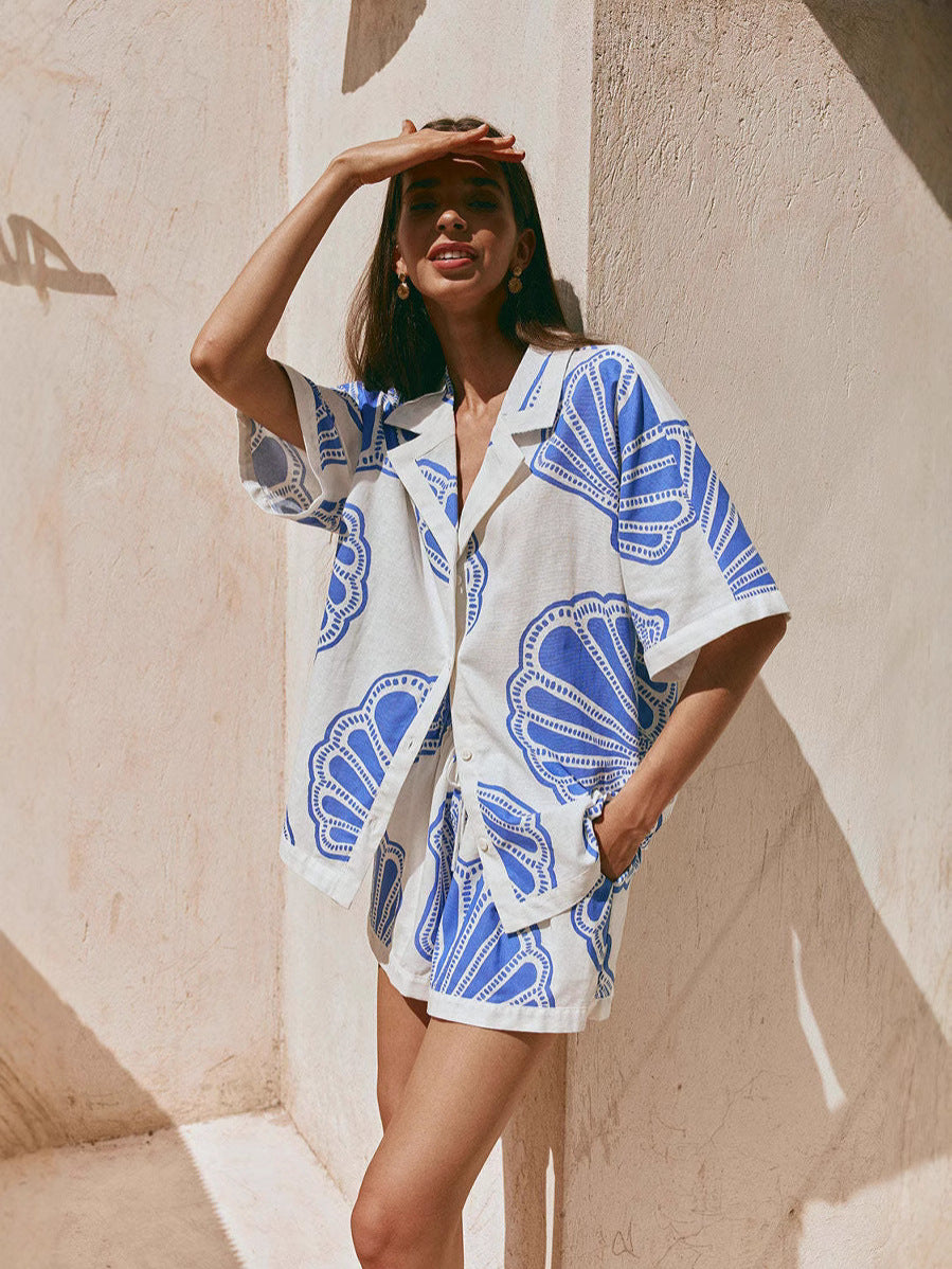 Elegant Floral Linen Short Set with 3/4 Sleeve