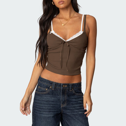 Fashionable Color Block Lace Overlay Cami with Bow Double Shoulder Straps