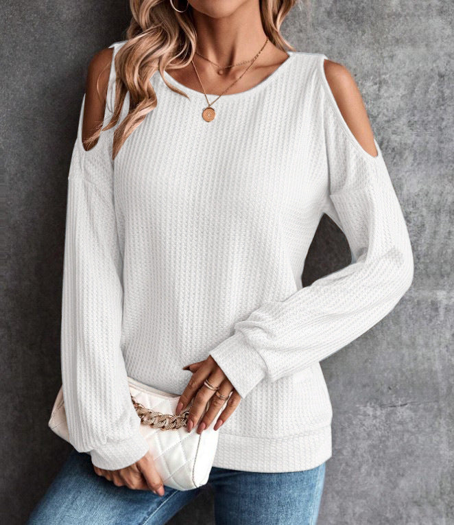 Autumn And Winter New Off-The-Shoulder Buttons Loose Long-Sleeved T-Shirt Tops