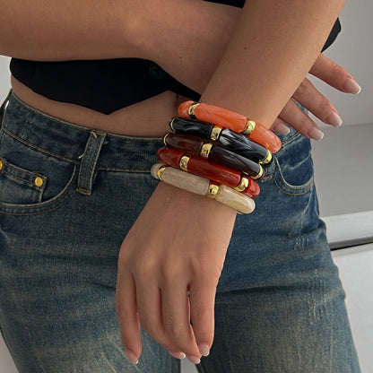 Trendy Beaded Bamboo Bracelets Set With Metallic Curved Tube Design