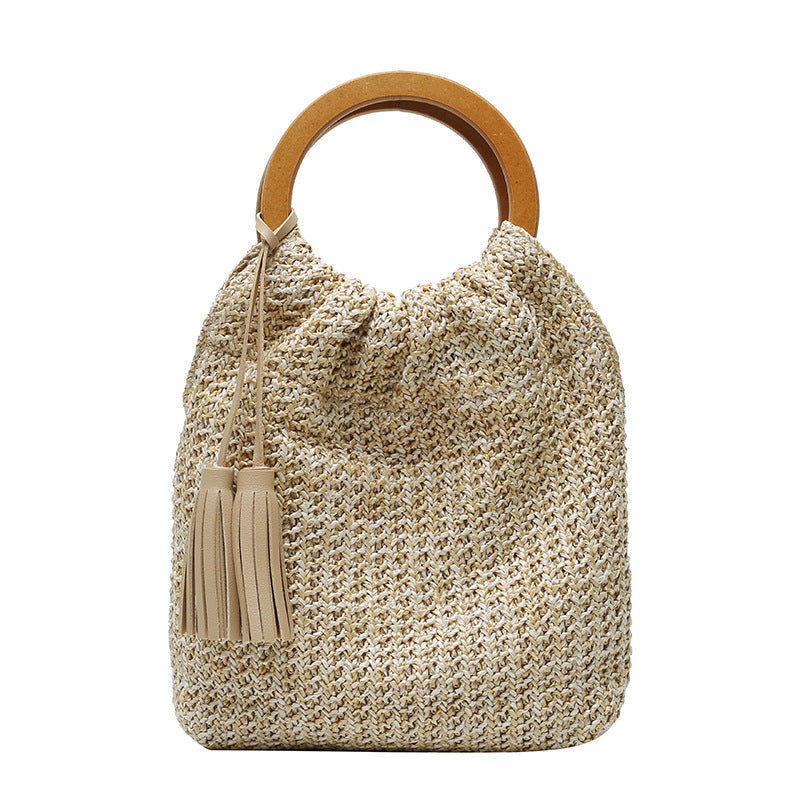 Trendy Round Wood Handle Tote Bag With Tassels