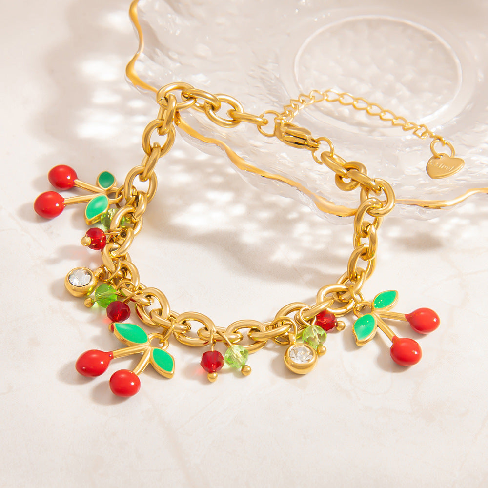 Cherry Pendant Stainless Steel Bracelet for Women Elegant Fashion Accessory