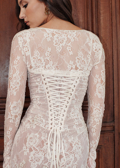 Corset Back Lace Maxi Dress With Sheer Sleeves