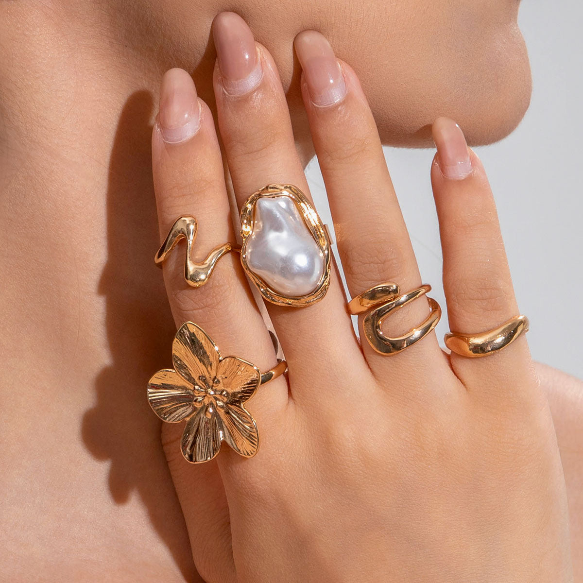 Flower-Decorated Pearl Ring Set Retro Baroque Geometric Rings
