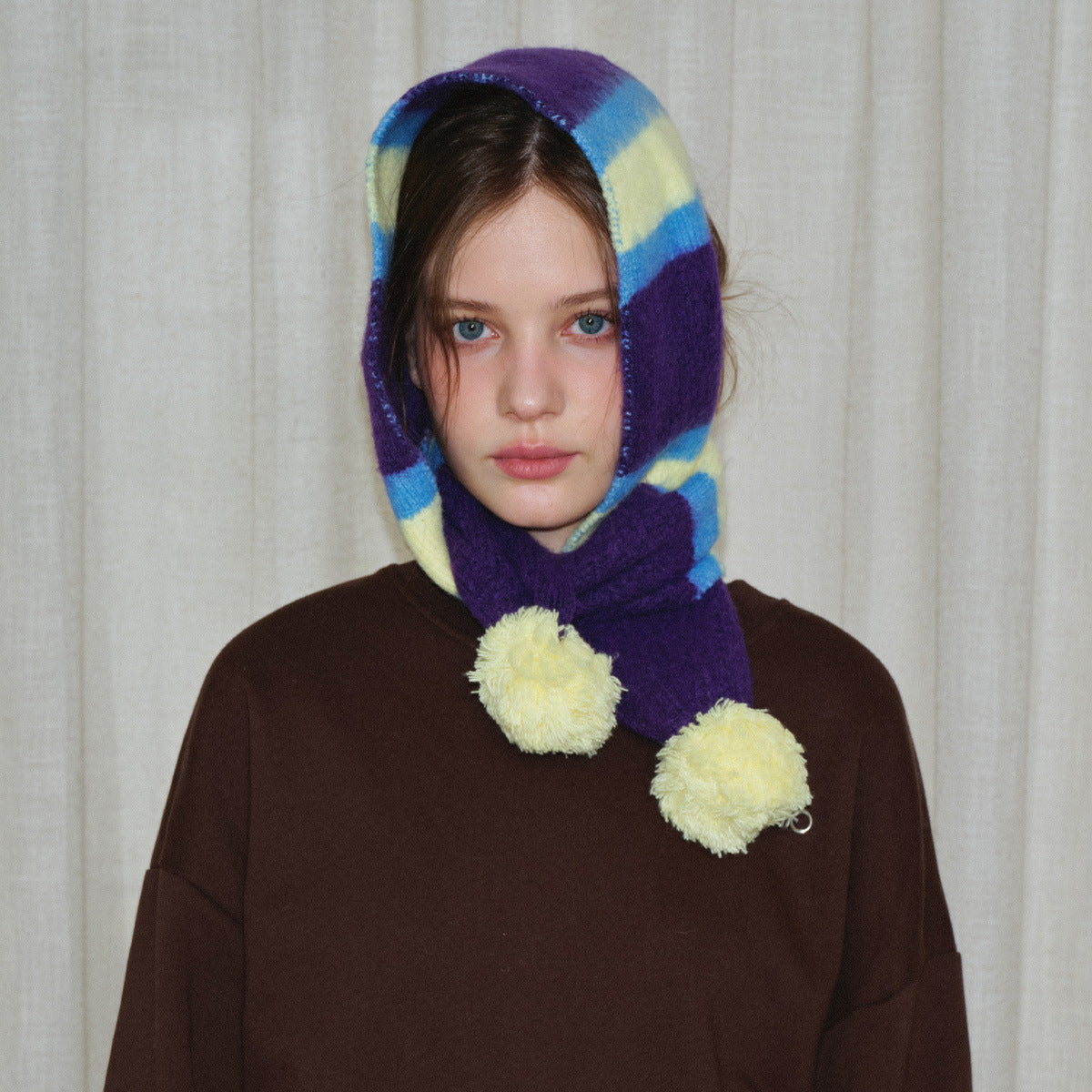 Striped Knit Scarf with Pom Poms for Women