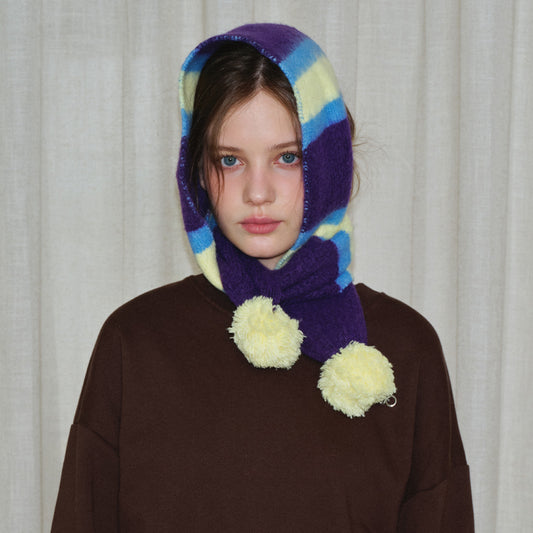 Striped Knit Scarf with Pom Poms for Women