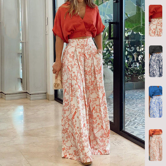 Trendy Floral Printed Two-Piece Set with Loose Wide-Leg Pants