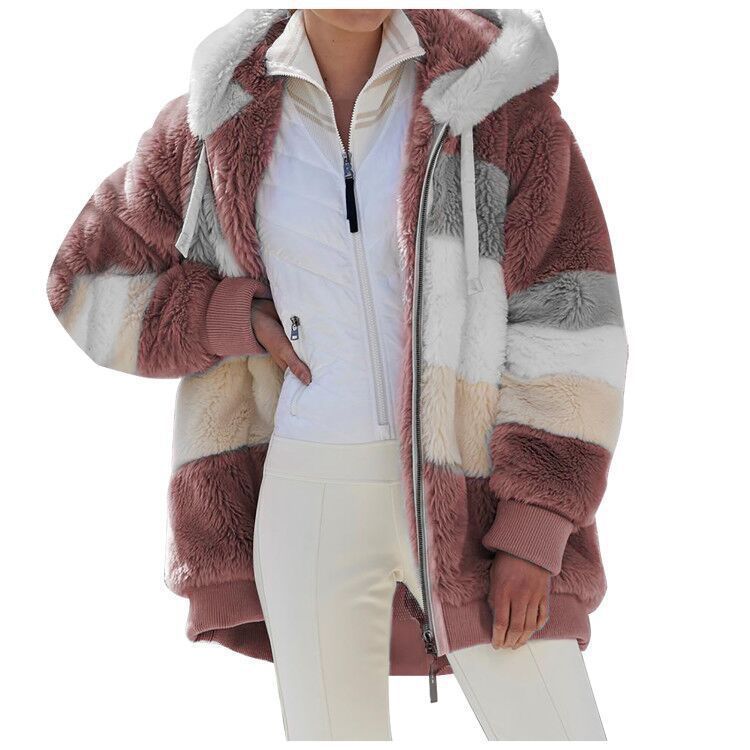 Autumn And Winter Warm Plush Patchwork Zipper Pocket Hooded Loose Coat Women