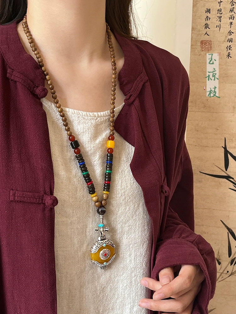 Ethnic Wood Buddha Bead Necklace Women'S Tibetan Zen Retro Old Long Pendant Sweater Chain