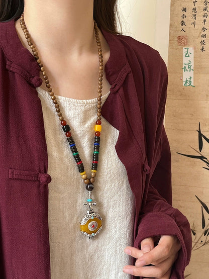 Ethnic Wood Buddha Bead Necklace Women'S Tibetan Zen Retro Old Long Pendant Sweater Chain