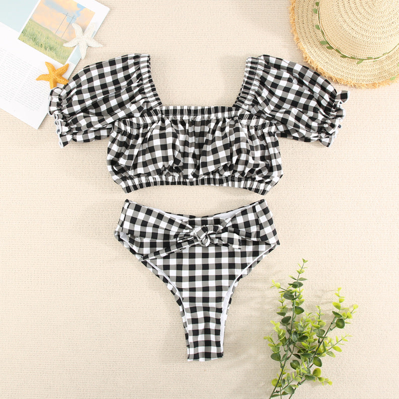 Ruffled Contrast Color High Waist Backless Bikini Two-Piece Swimsuit For Women