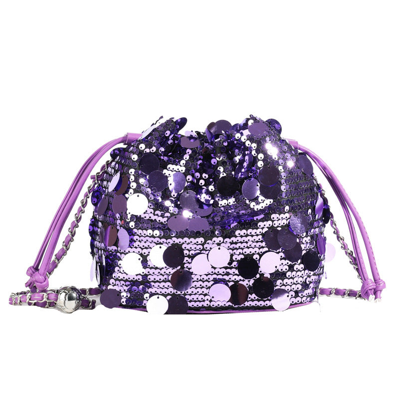 Elegant Floral Embroidered Sequin Mesh Color Block Bucket Bag