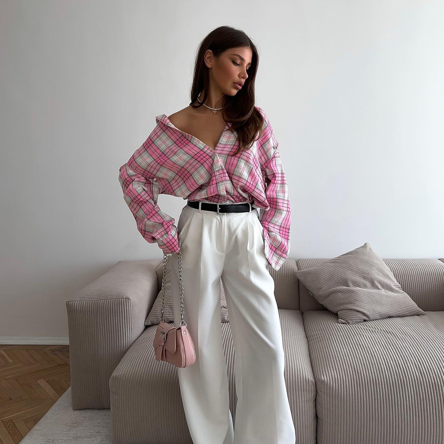 Pink Checkered Button-Up Shirt Casual Loose Fit Top