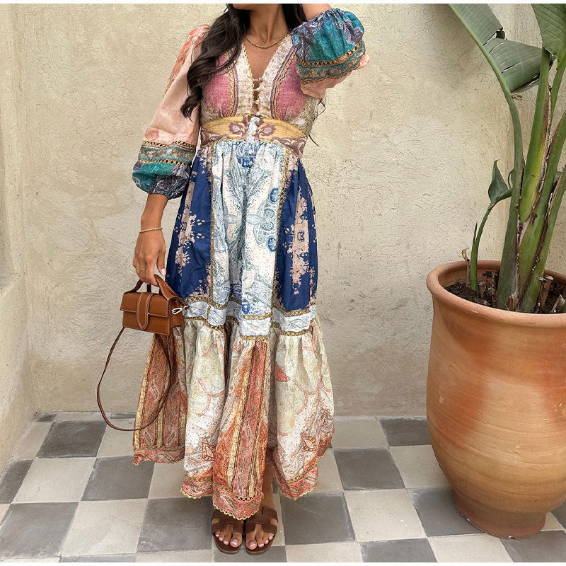Vintage Floral Maxi Dress With Puff Sleeves For Casual Vacation