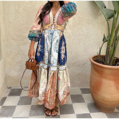 Vintage Floral Maxi Dress With Puff Sleeves For Casual Vacation