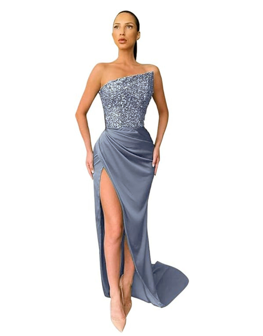 Green Sequin Long Sleeve Less Evening Dress