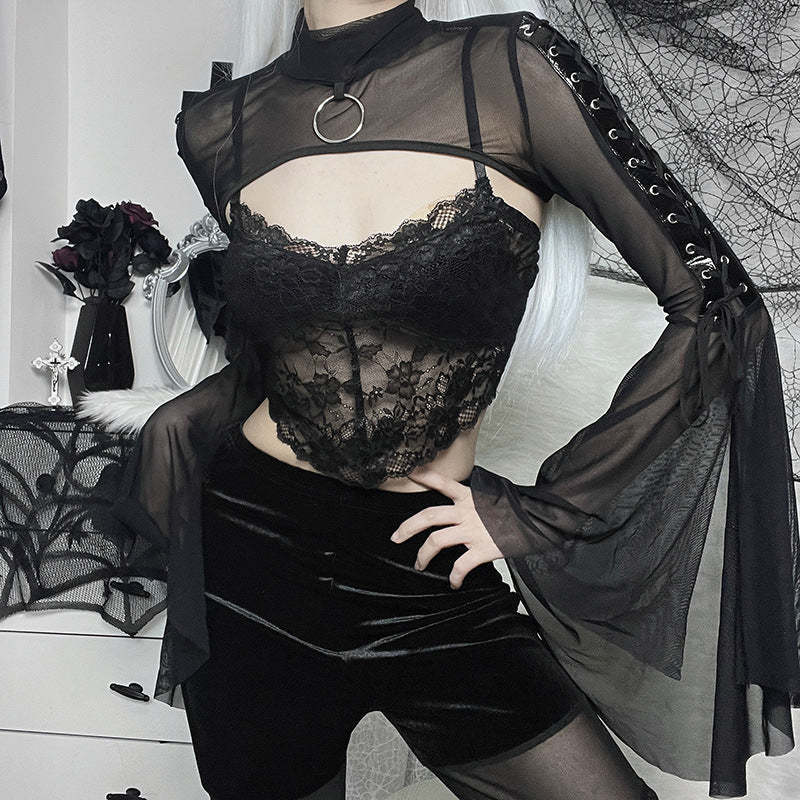 Black Sheer Mesh Long Sleeve Top with Ruffled Sleeves