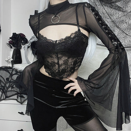 Black Sheer Mesh Long Sleeve Top with Ruffled Sleeves