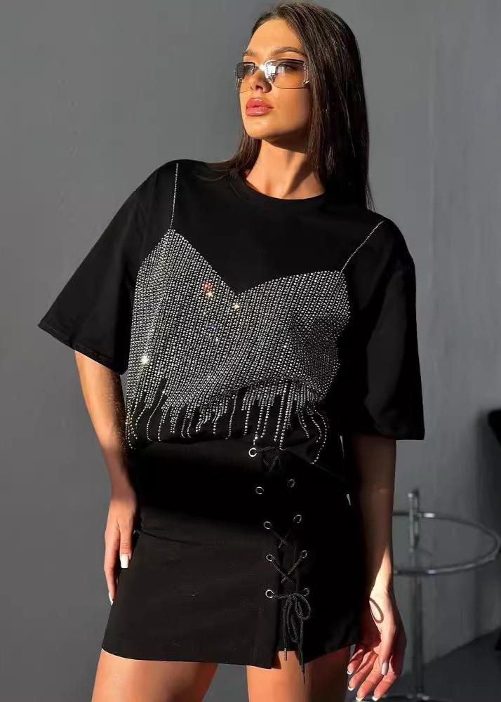 Embellished Cotton Tee With Rhinestone Corset Design