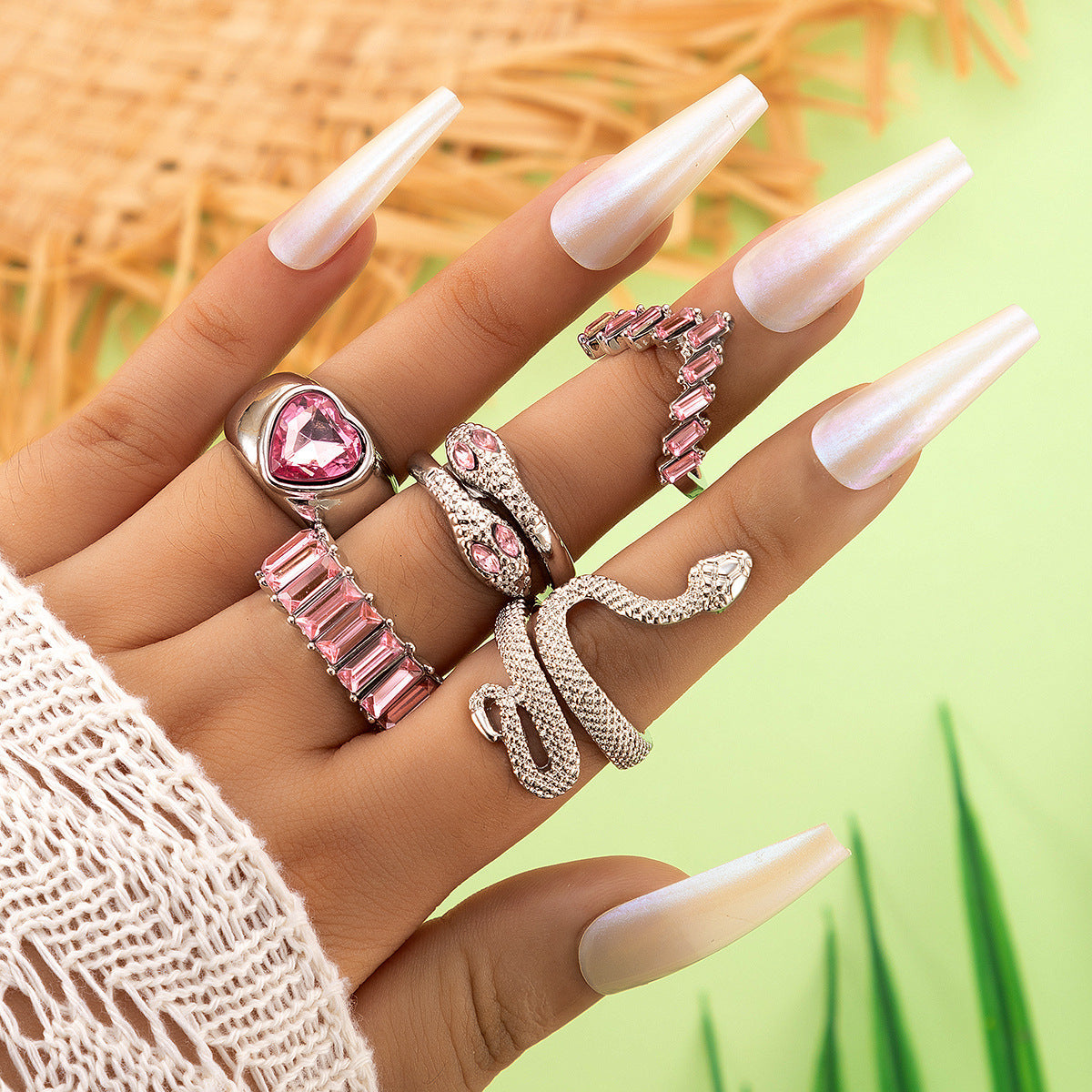 Snake Heart Shaped Gemstone Rings Jewelry Set