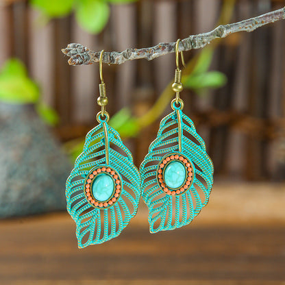 Bohemian Vintage Leaf Shaped Beaded Tassel Earrings with Turquoise