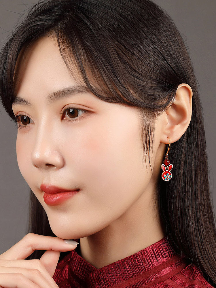 Red Earrings Antique Rabbit Earrings With Cheongsam Retro Sterling Silver Ethnic Earrings