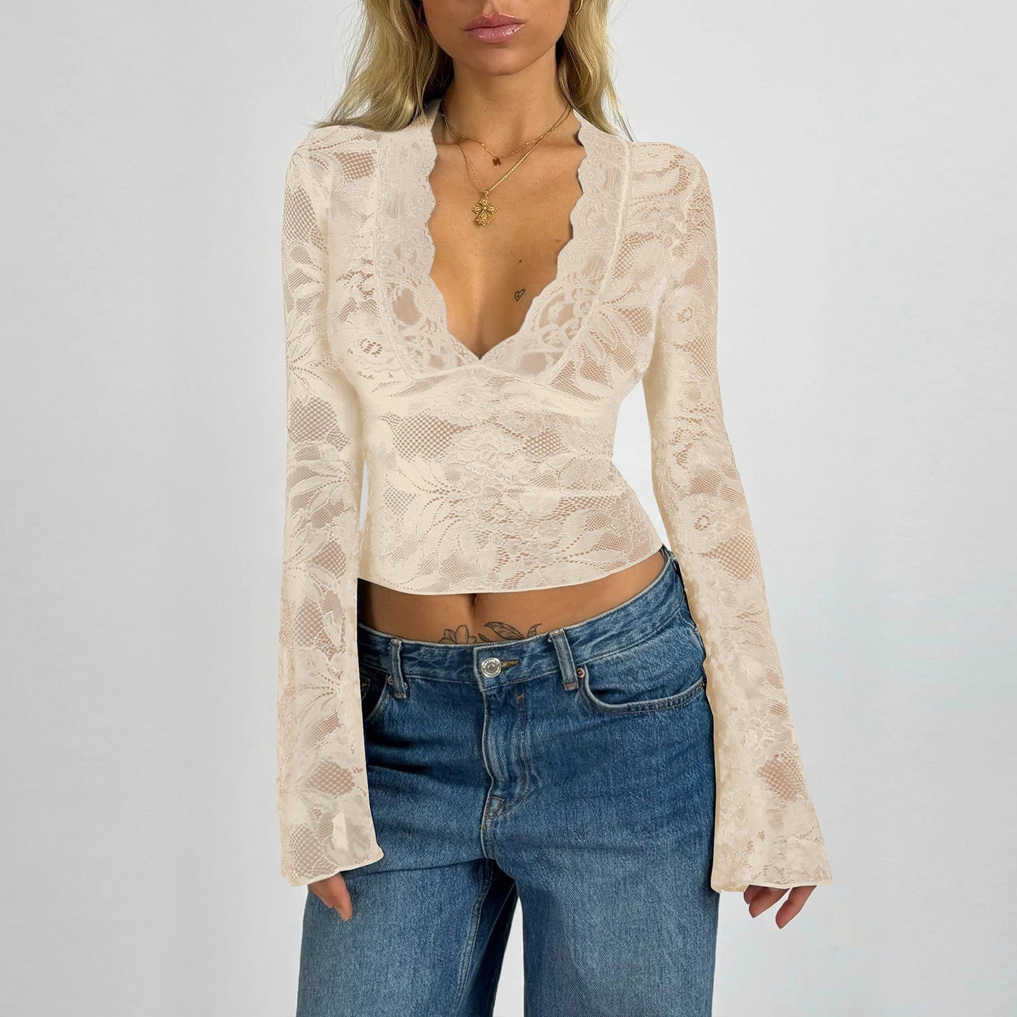 V-Neck Lace Trim Long Sleeve Top Sexy Slim Fit Street Style