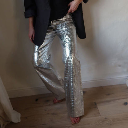 Trendy Silver PU Leather High-Waisted Straight Pants for Women