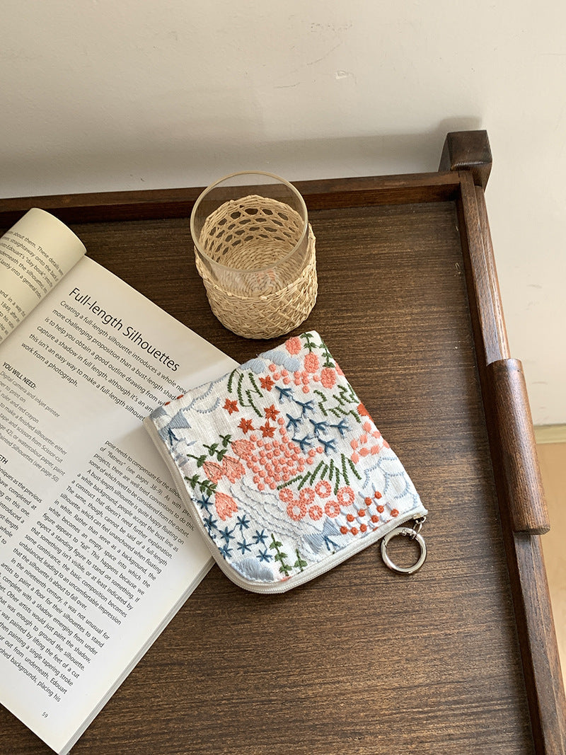 Cute Cotton Linen Embroidered Coin Purse Mini Makeup Bag