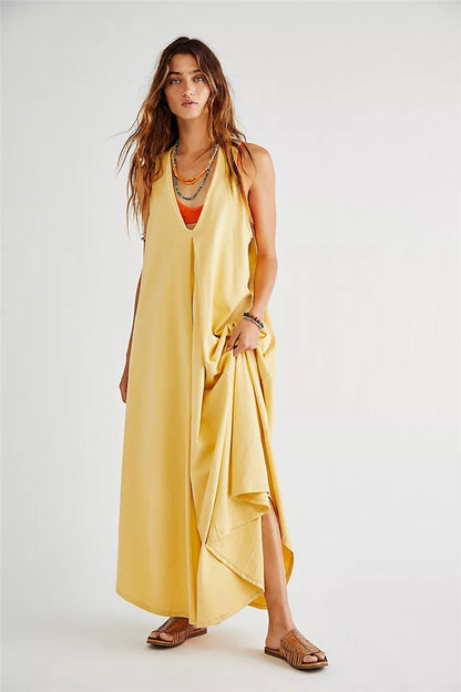 Spring/Summer Cotton And Hemp Large Ethnic Style Sleeveless Double Pocket Dress