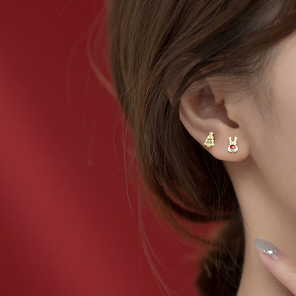 Cute Silver Mini Reindeer Christmas Earrings Set