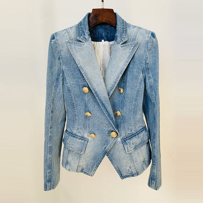 Double-Breasted Lion Button Denim Blazer Style