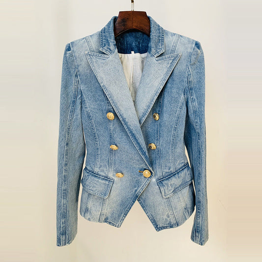 Double-Breasted Lion Button Denim Blazer Style