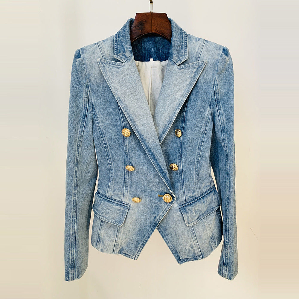 Trendy Double-Breasted Denim Blazer With Lion Button