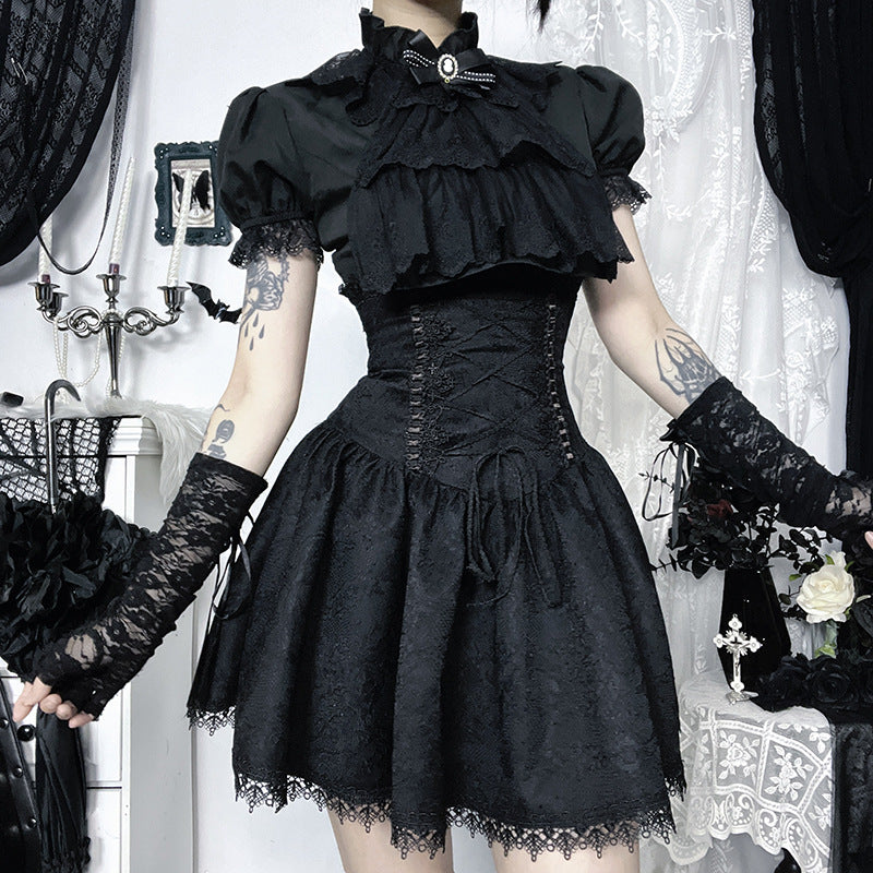 Lace-Up Black Pleated Skirt Comfortable Chic Dress