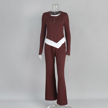 Casual Color-Blocked Pajama Set with Long Pants