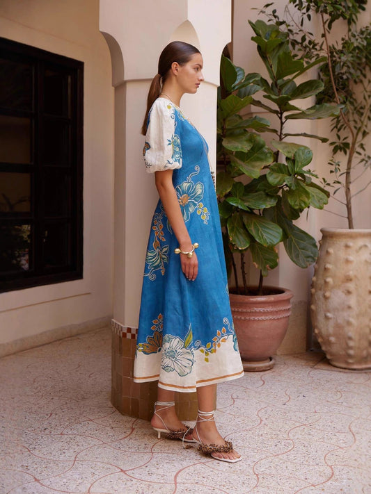 Floral Print Linen Lantern Sleeve Dress Elegant Casual Fit