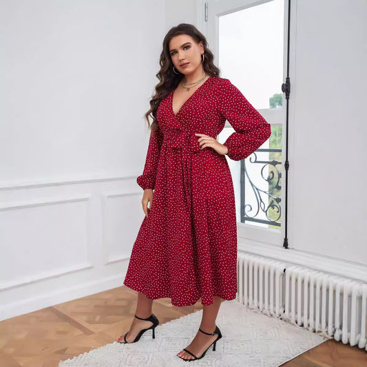Red Polka Dot Maxi Dress Elegant Plus Size Long Sleeve
