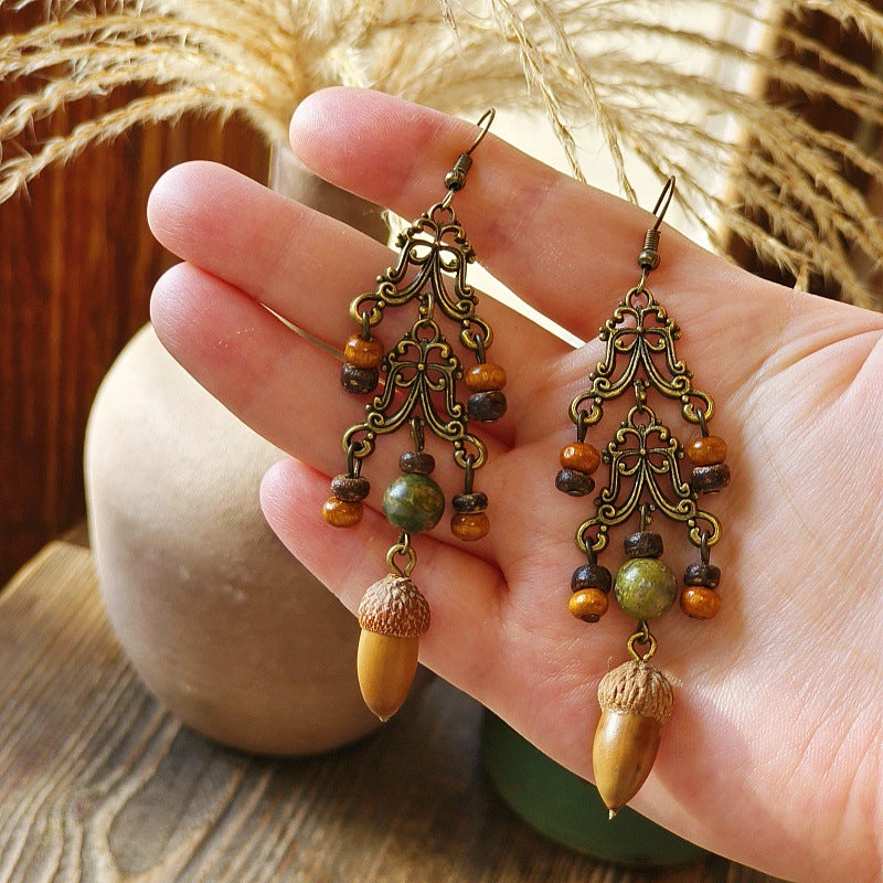 Vintage-Inspired Bohemian Hollow Bead Earrings with Natural Dried Fruits