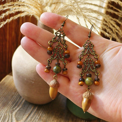 Vintage-Inspired Bohemian Hollow Bead Earrings with Natural Dried Fruits