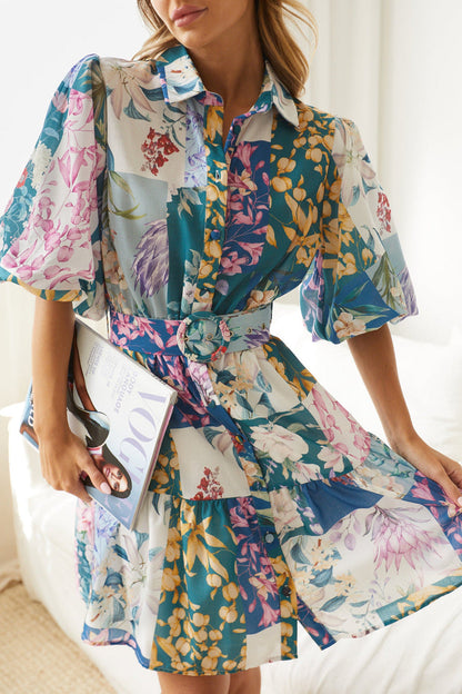 Bohemian Printed Short Skirt Lantern Short Sleeved Belt Single Breasted A-Line Dress
