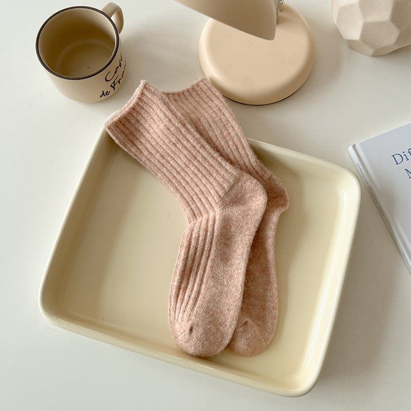Solid Color Striped Thicken Plush Wool Crew Socks