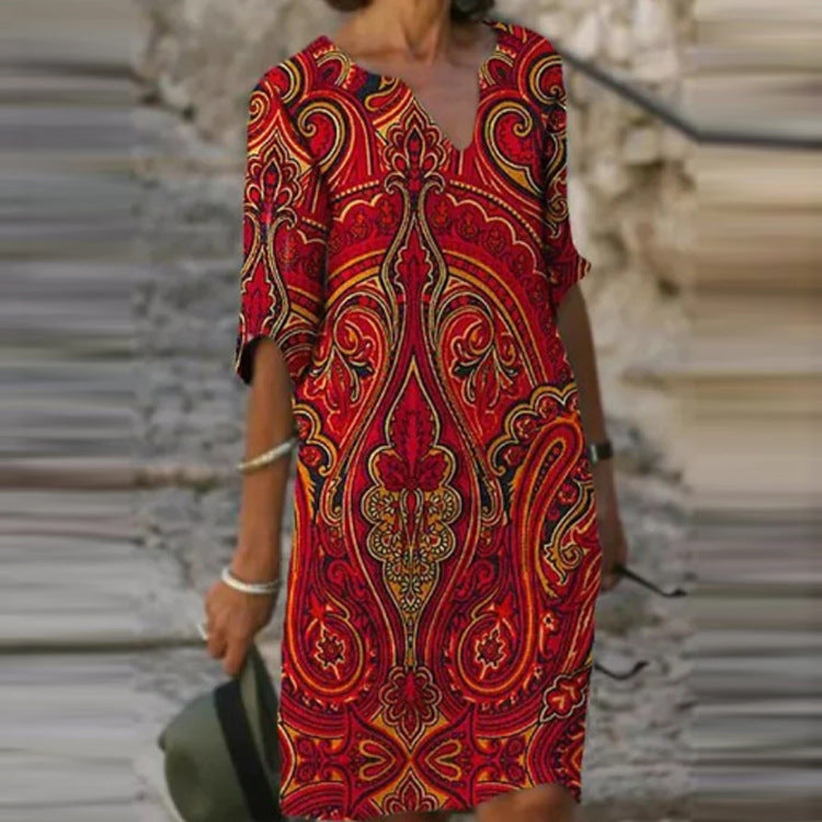 Abstract Print V-Neck A-Line Dress Comfortable Casual Fashion